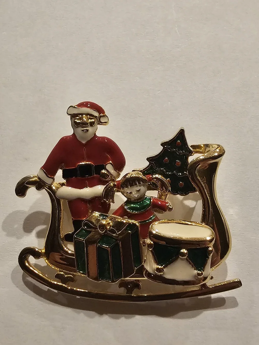 Vintage Gold-tone Enamel Santa Sleigh Multi-Piece Christmas Brooch Pin Set
